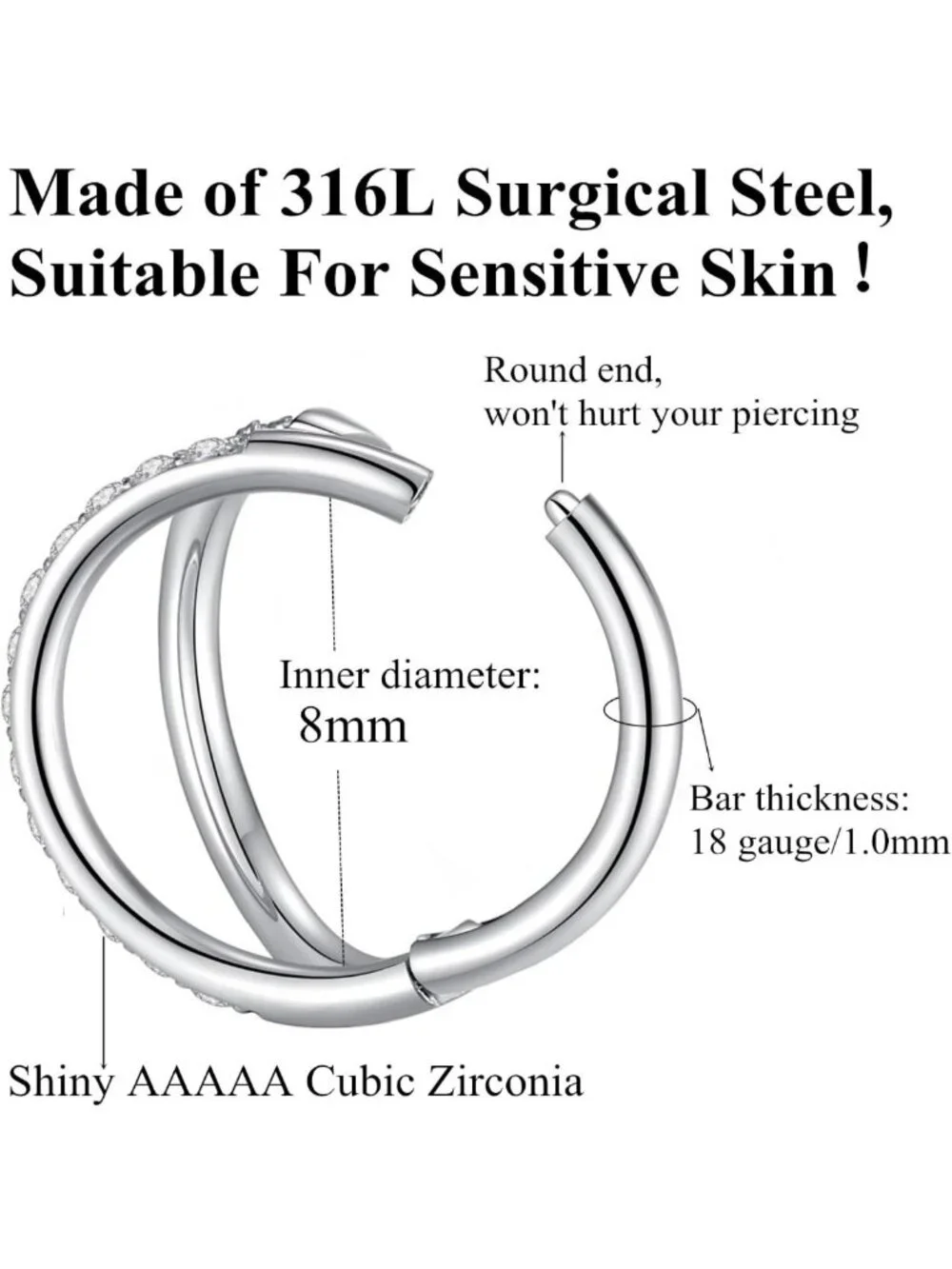 Double Open Stack CZ Nose Ring Hoop - Surgical Steel Helix, Cartilage, Septum
